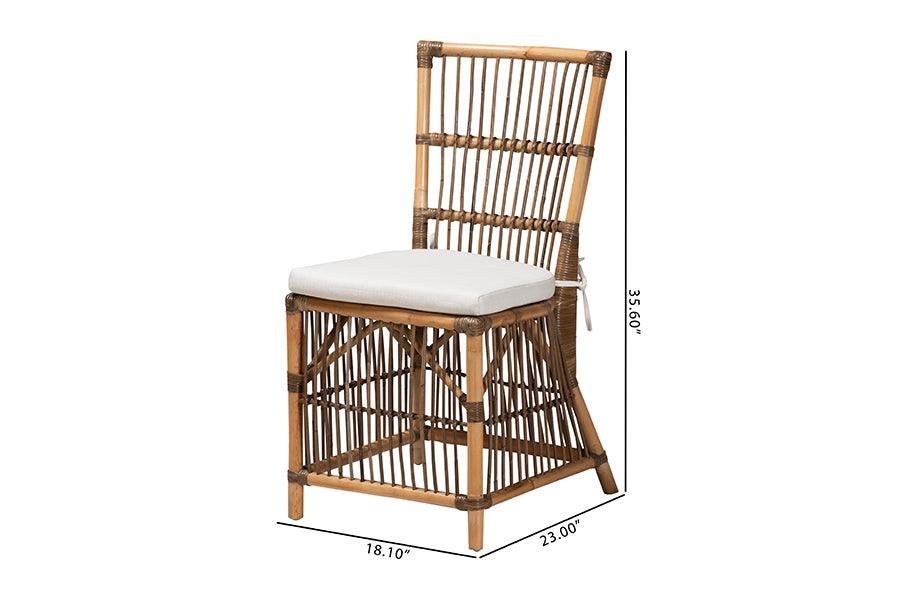 Kim Modern Bohemian White Fabric and Natural Brown Rattan Dining Chair FredCo