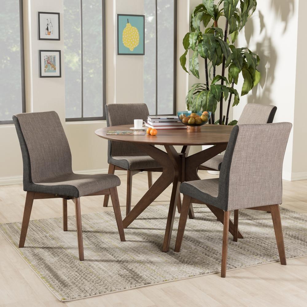 Kimberly Mid-Century Modern Walnut Wood Round 5-Piece Dining Set FredCo