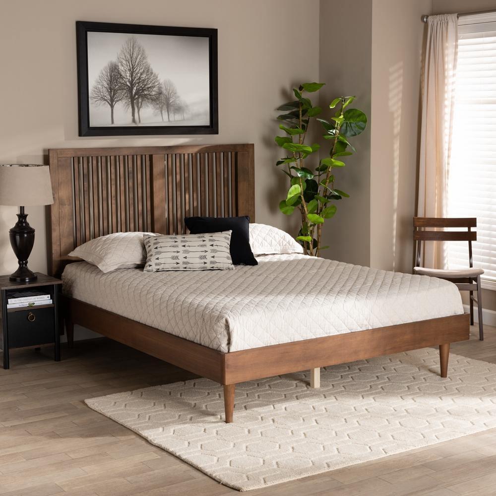 Kioshi Mid-Century Modern Transitional Ash Walnut Finished Wood King Size Platform Bed FredCo