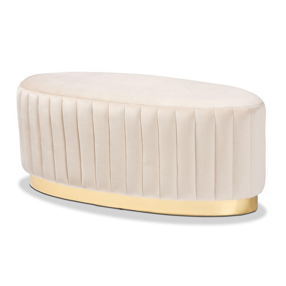 Kirana Glam and Luxe Beige Velvet Fabric Upholstered and Gold PU Leather Ottoman FredCo