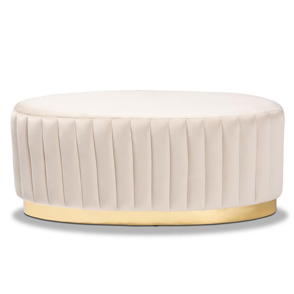 Kirana Glam and Luxe Beige Velvet Fabric Upholstered and Gold PU Leather Ottoman FredCo