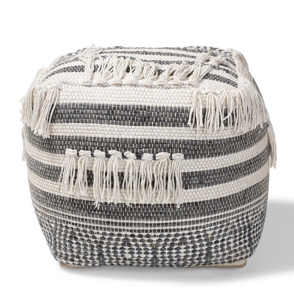 Kirby Moroccan Inspired Grey and Ivory Handwoven Cotton Pouf Ottoman FredCo