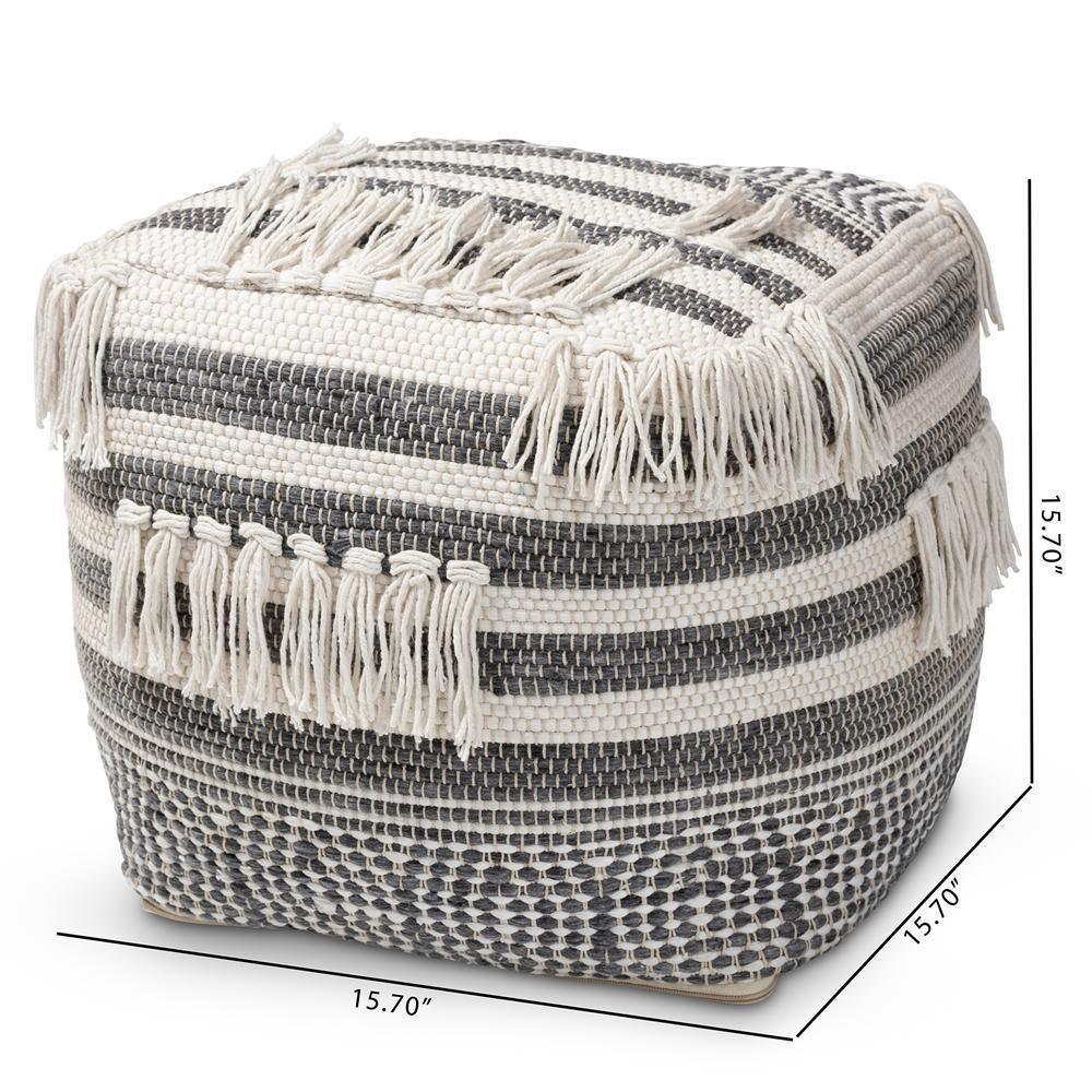 Kirby Moroccan Inspired Grey and Ivory Handwoven Cotton Pouf Ottoman FredCo