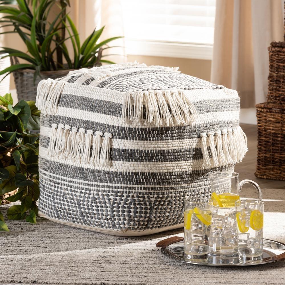 Kirby Moroccan Inspired Grey and Ivory Handwoven Cotton Pouf Ottoman FredCo