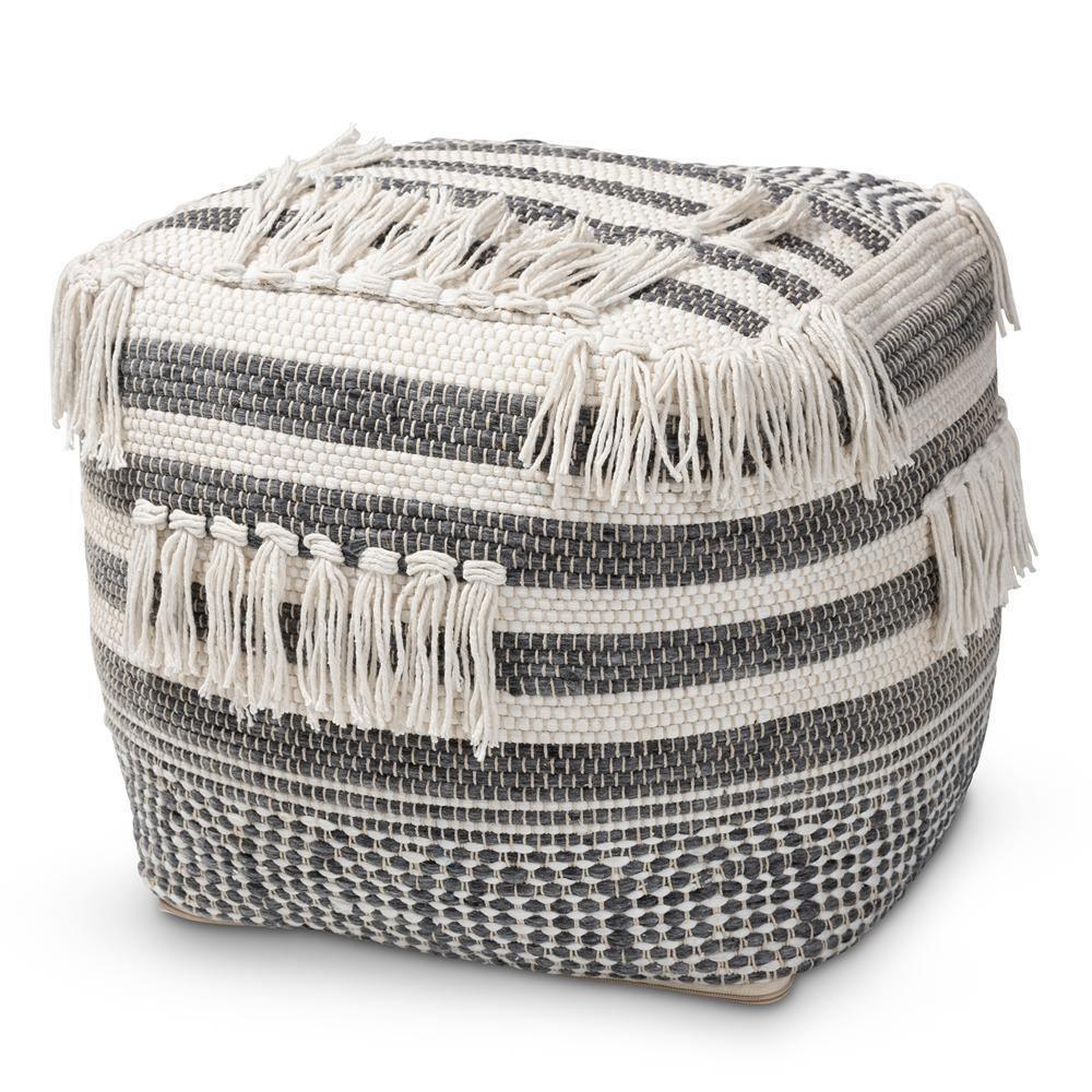 Kirby Moroccan Inspired Grey and Ivory Handwoven Cotton Pouf Ottoman FredCo