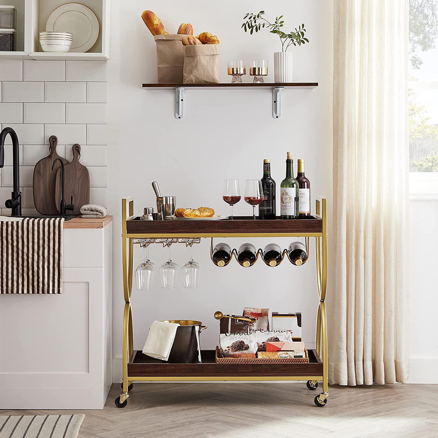 Kitchen Serving Cart with Wine Holders Gold FredCo