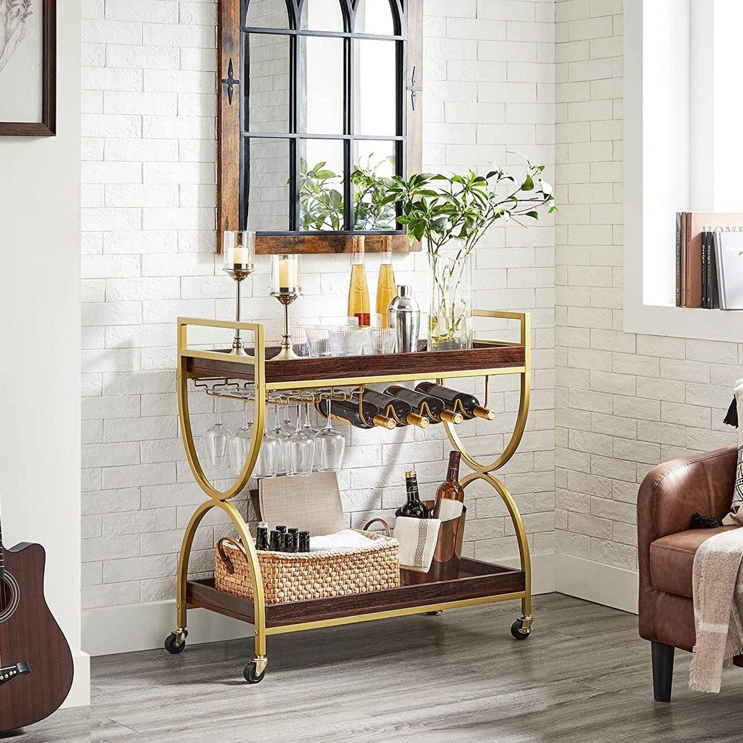Kitchen Serving Cart with Wine Holders Gold FredCo