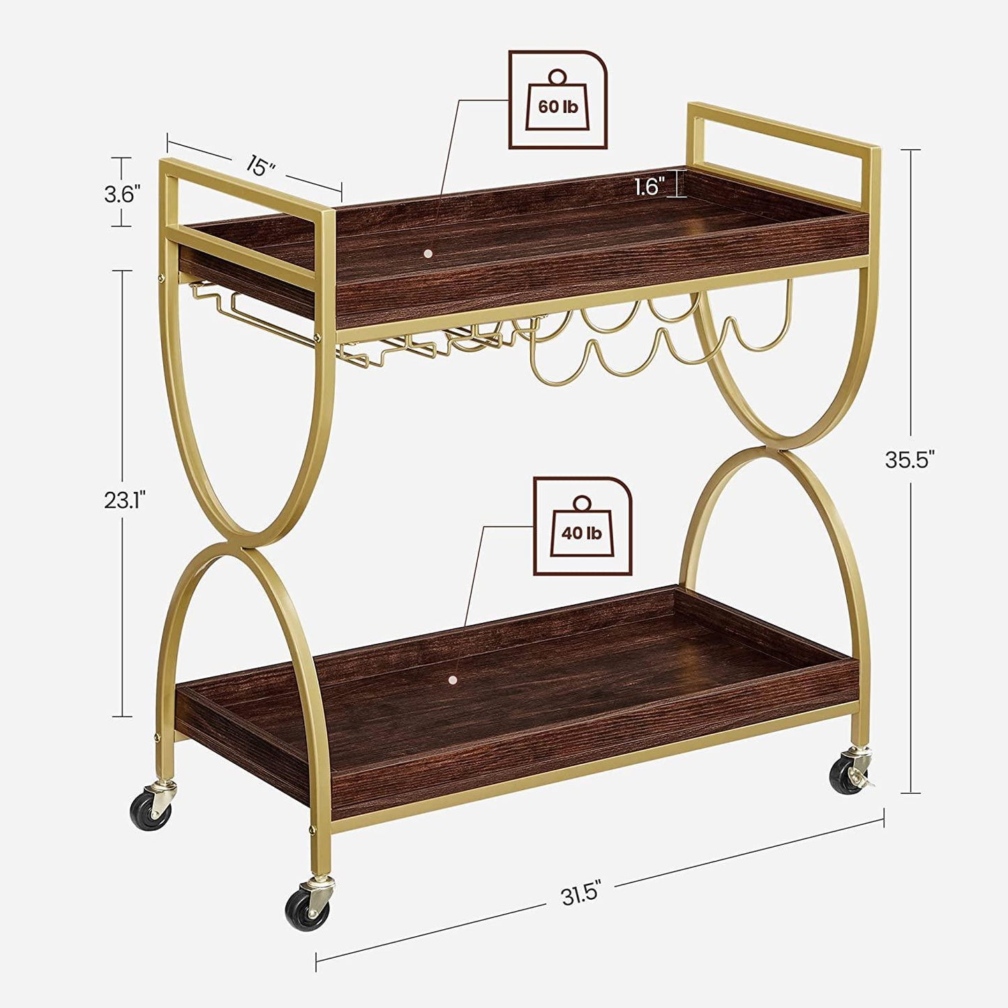Kitchen Serving Cart with Wine Holders Gold FredCo