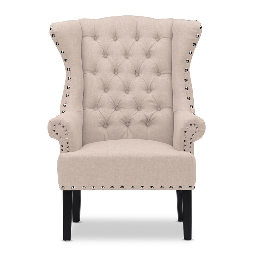 Knuckey French Country Beige Linen Nail Head Wing Back Armchair FredCo