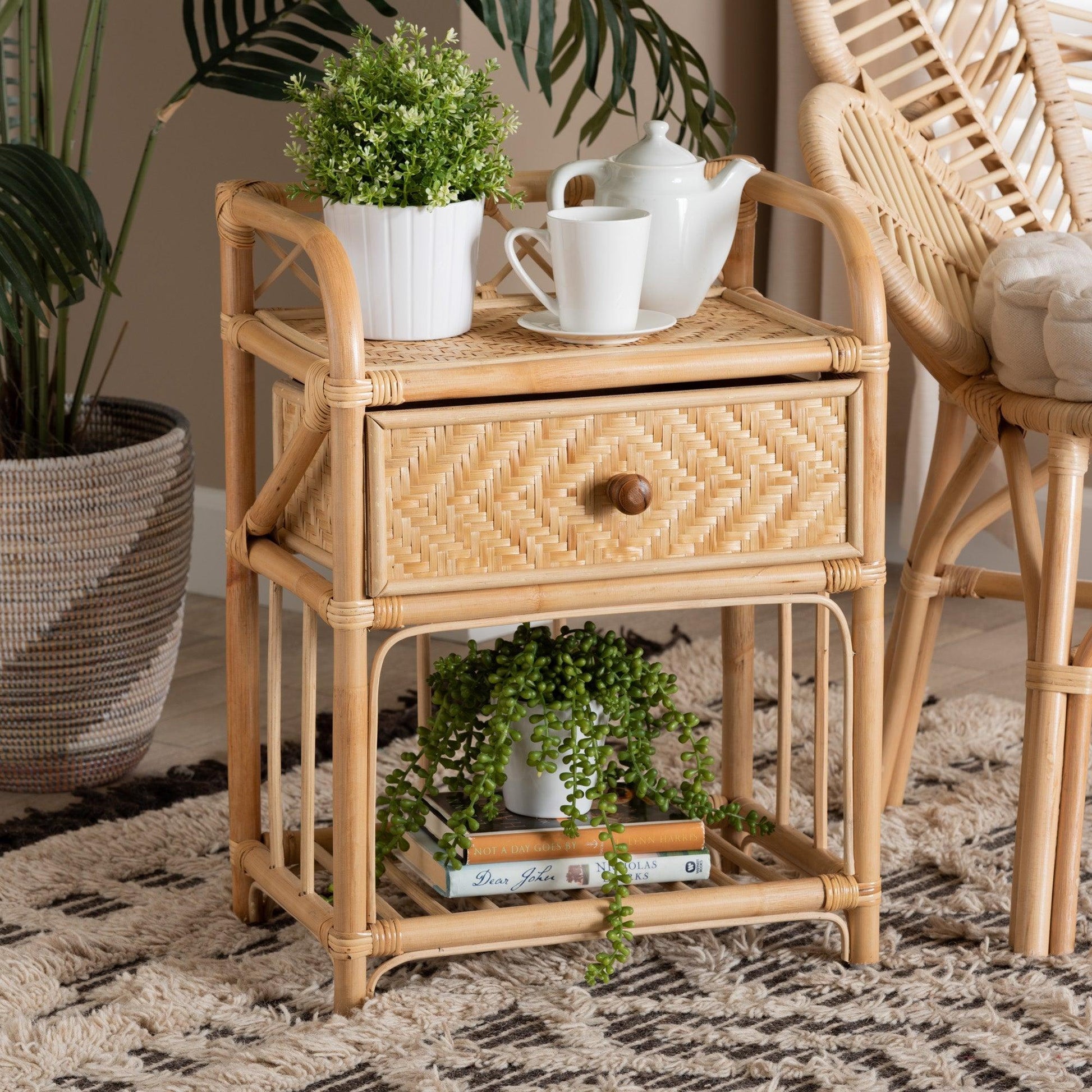 Kobie Modern Bohemian Natural Brown Rattan 1-Drawer Nightstand FredCo