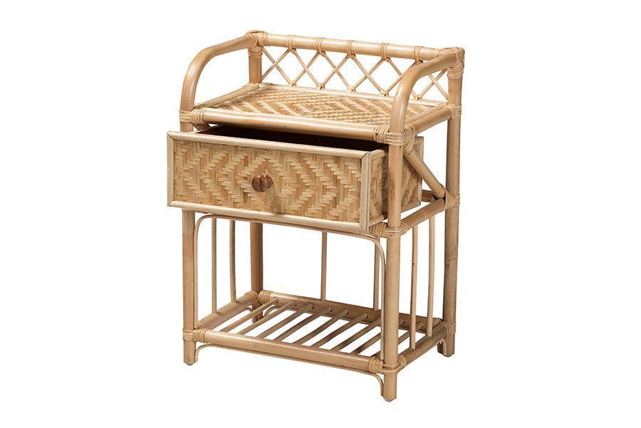 Kobie Modern Bohemian Natural Brown Rattan 1-Drawer Nightstand FredCo