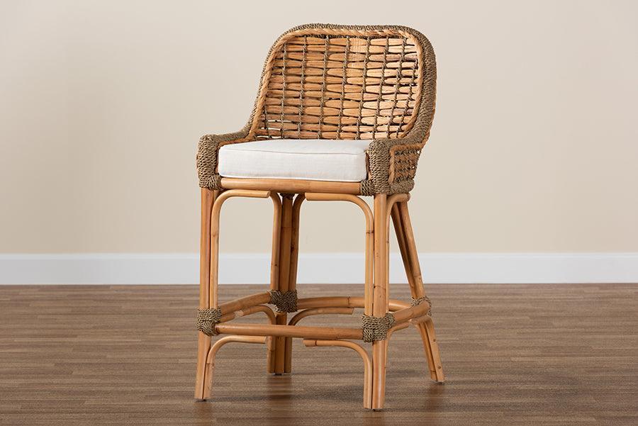 Kyle Modern Bohemian Natural Brown Woven Rattan Counter Stool with Cushion FredCo