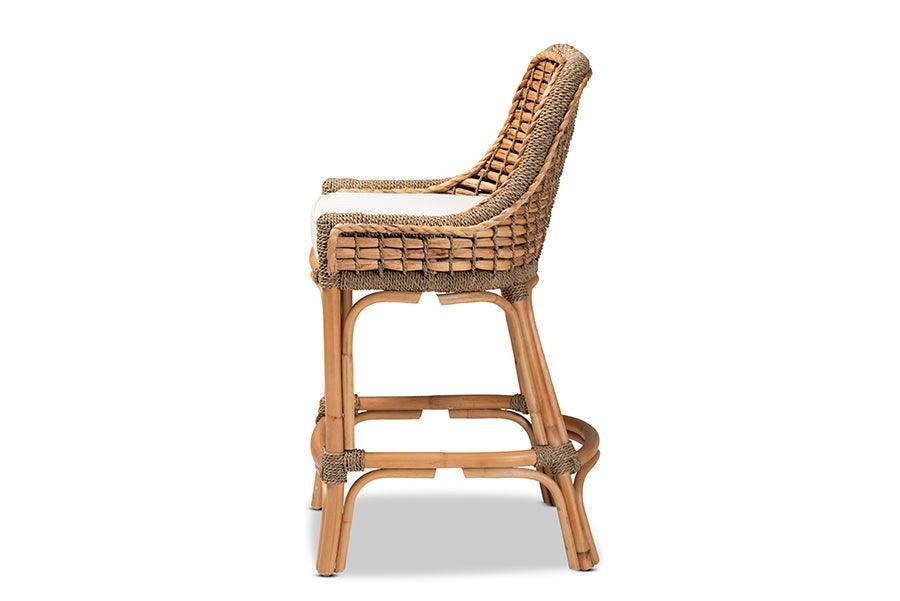 Kyle Modern Bohemian Natural Brown Woven Rattan Counter Stool with Cushion FredCo