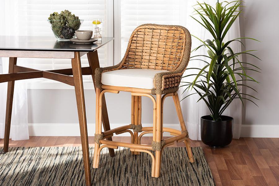 Kyle Modern Bohemian Natural Brown Woven Rattan Counter Stool with Cushion FredCo