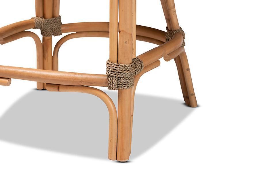Kyle Modern Bohemian Natural Brown Woven Rattan Counter Stool with Cushion FredCo