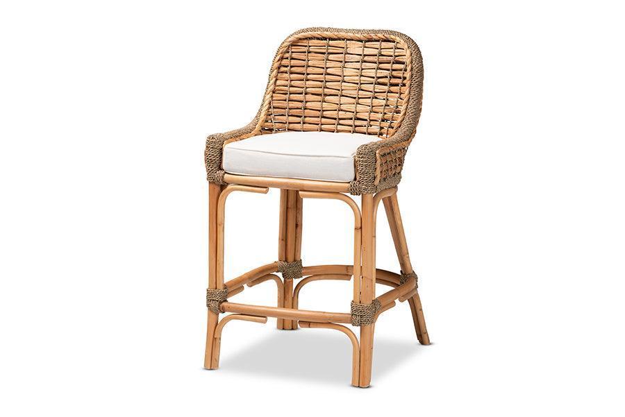Kyle Modern Bohemian Natural Brown Woven Rattan Counter Stool with Cushion FredCo