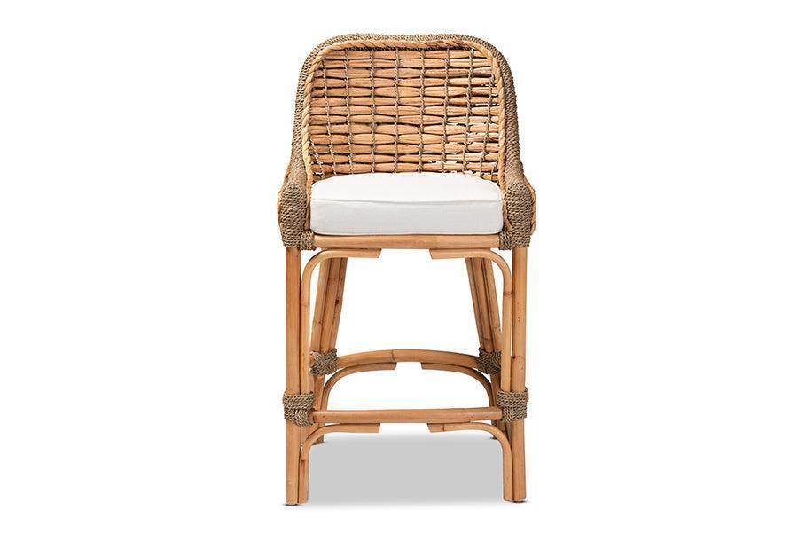 Kyle Modern Bohemian Natural Brown Woven Rattan Counter Stool with Cushion FredCo