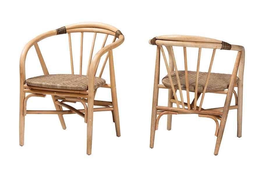 Kyoto Modern Bohemian Natural Brown Rattan 2-Piece Dining Chair Set FredCo