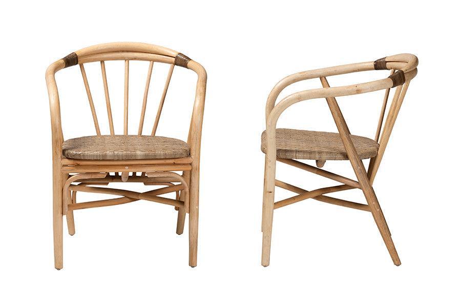 Kyoto Modern Bohemian Natural Brown Rattan 2-Piece Dining Chair Set FredCo