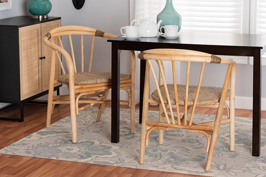 Kyoto Modern Bohemian Natural Brown Rattan 2-Piece Dining Chair Set FredCo