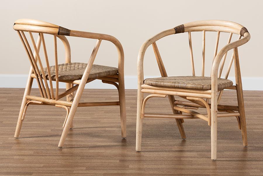 Kyoto Modern Bohemian Natural Brown Rattan 2-Piece Dining Chair Set FredCo