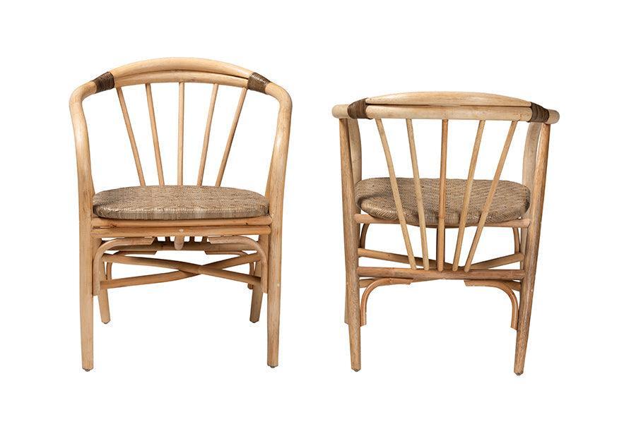 Kyoto Modern Bohemian Natural Brown Rattan 2-Piece Dining Chair Set FredCo