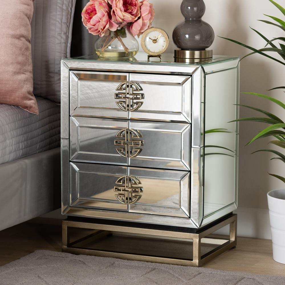 Laken Contemporary Glam and Luxe Mirrored and Antique Bronze Finished 3-Drawer Nightstand FredCo