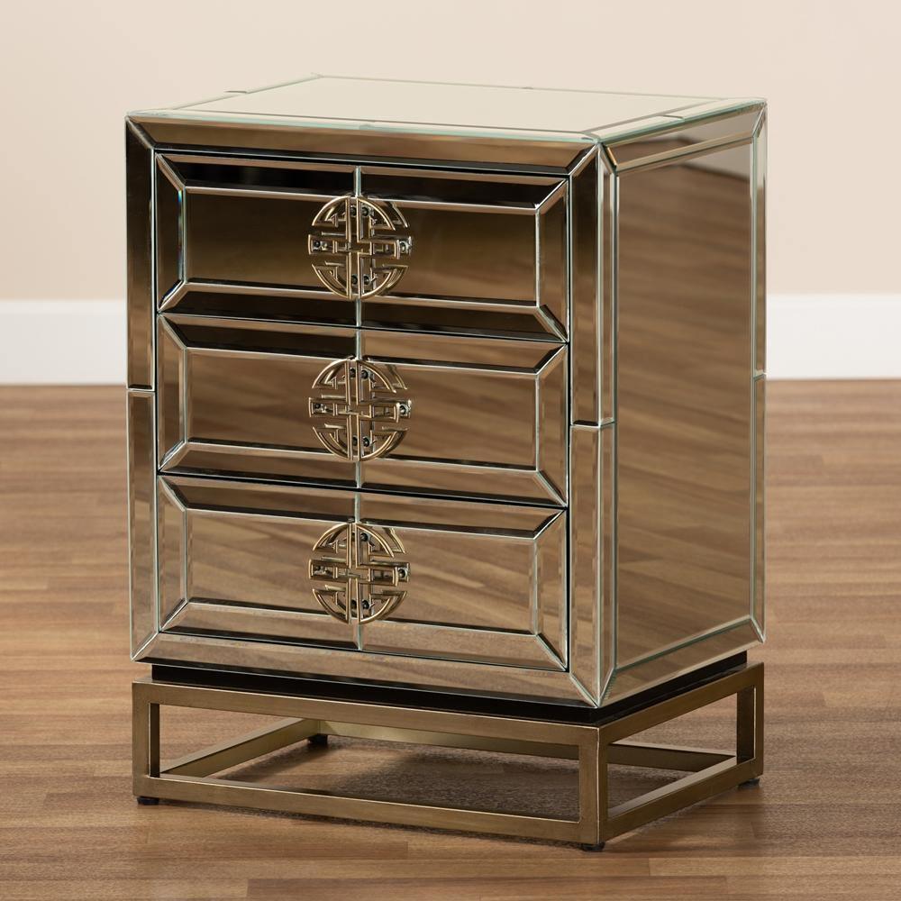 Laken Contemporary Glam and Luxe Mirrored and Antique Bronze Finished 3-Drawer Nightstand FredCo