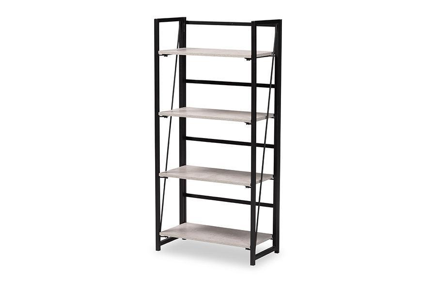 Lakota Modern Industrial Light Grey Finished Wood and Black Metal 4-Tier Display Shelf FredCo