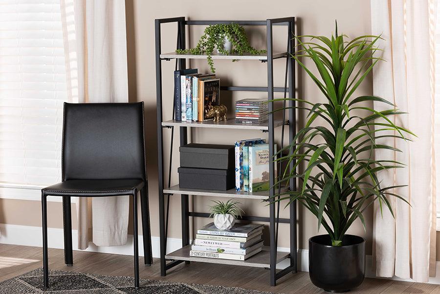 Lakota Modern Industrial Light Grey Finished Wood and Black Metal 4-Tier Display Shelf FredCo