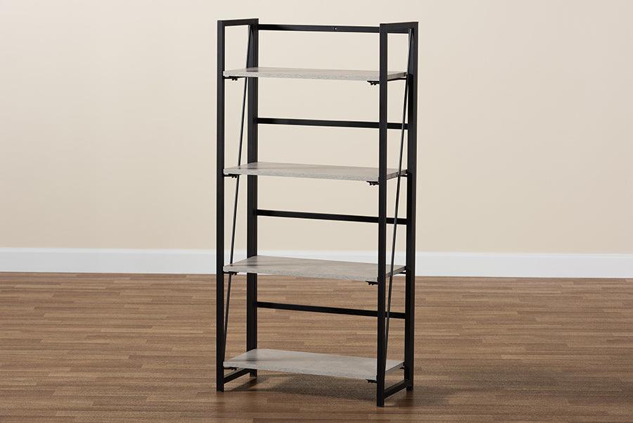 Lakota Modern Industrial Light Grey Finished Wood and Black Metal 4-Tier Display Shelf FredCo