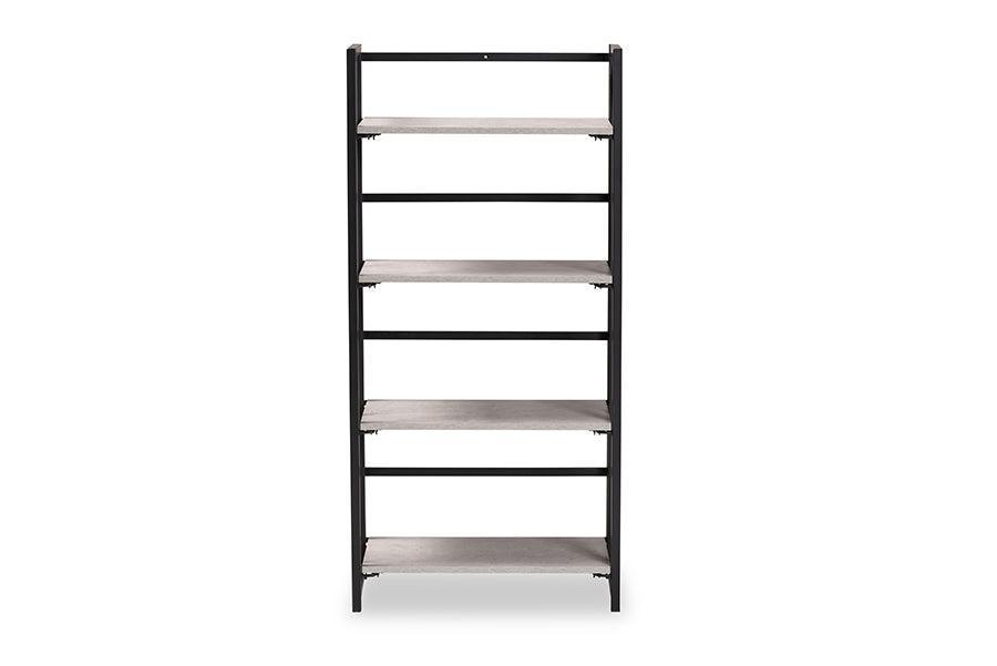 Lakota Modern Industrial Light Grey Finished Wood and Black Metal 4-Tier Display Shelf FredCo