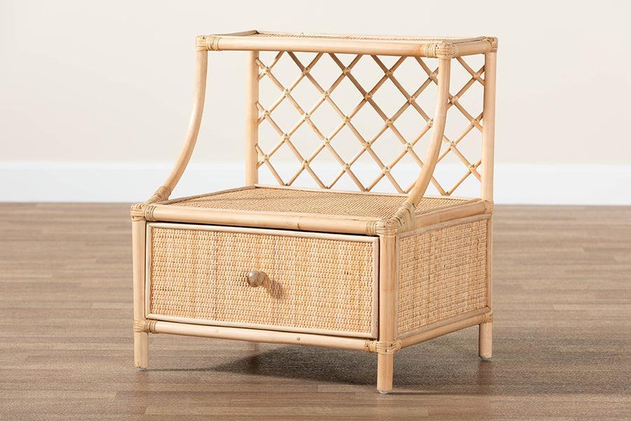Lalo Modern Bohemian Natural Brown Rattan 1-Drawer Nightstand FredCo