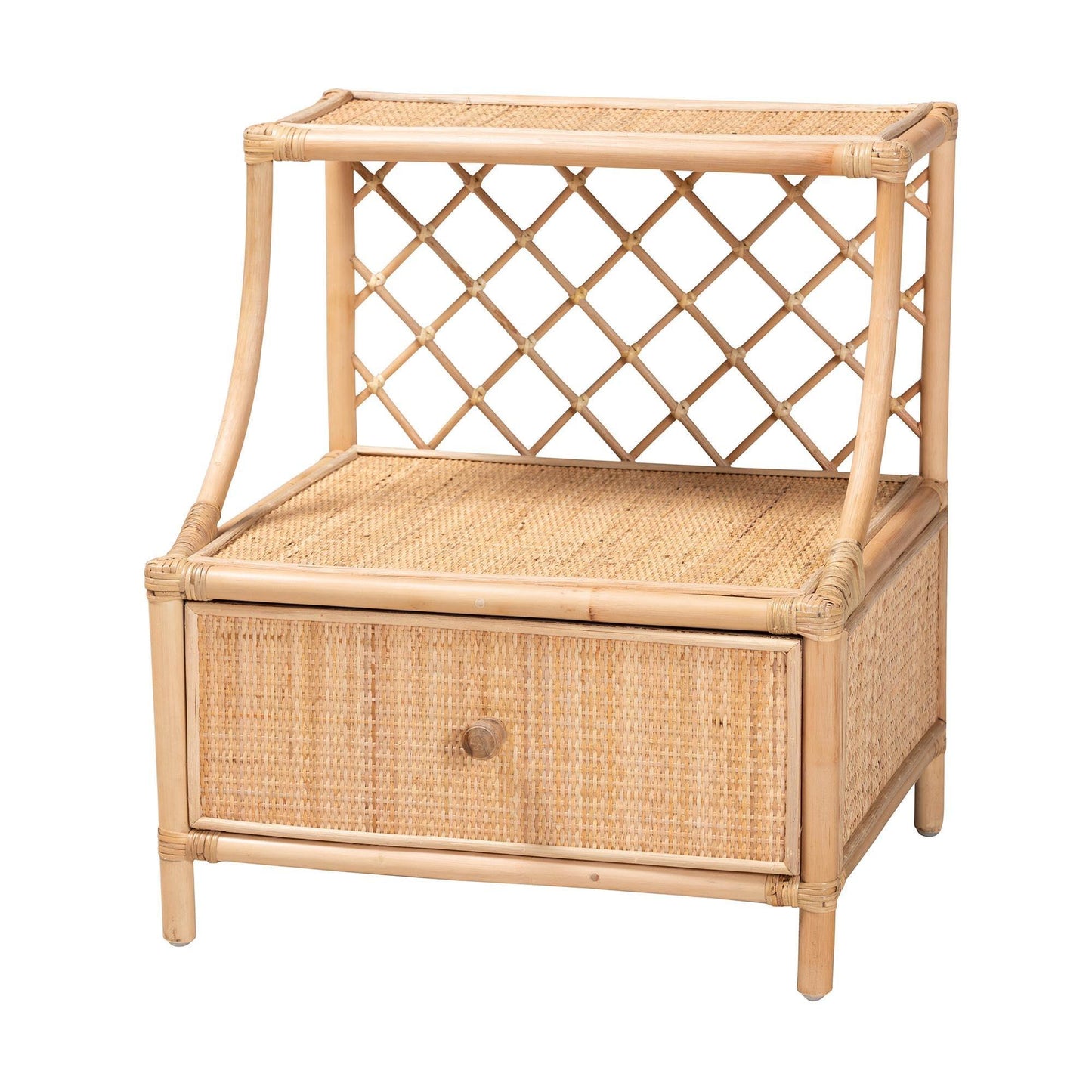Lalo Modern Bohemian Natural Brown Rattan 1-Drawer Nightstand FredCo