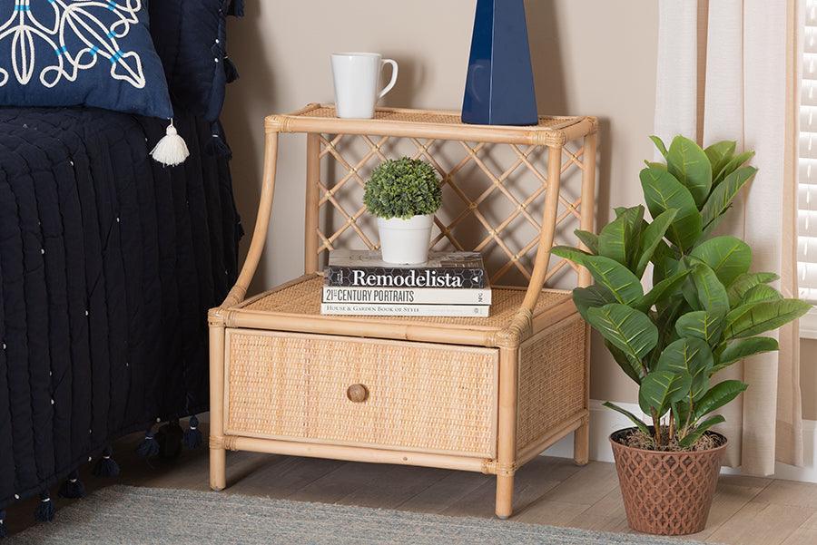 Lalo Modern Bohemian Natural Brown Rattan 1-Drawer Nightstand FredCo