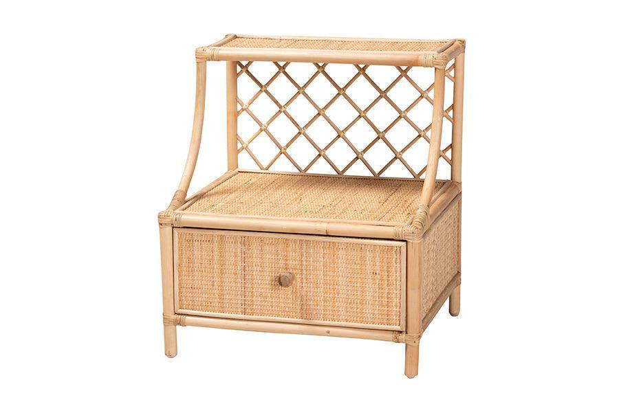 Lalo Modern Bohemian Natural Brown Rattan 1-Drawer Nightstand FredCo