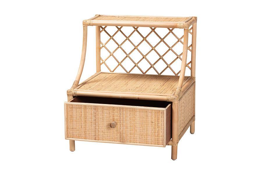 Lalo Modern Bohemian Natural Brown Rattan 1-Drawer Nightstand FredCo