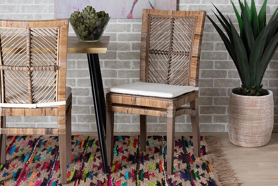 Laluna Modern Bohemian Grey Natural Rattan and Mahogany Dining Chair with Cushion FredCo