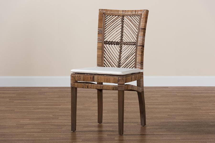 Laluna Modern Bohemian Grey Natural Rattan and Mahogany Dining Chair with Cushion FredCo