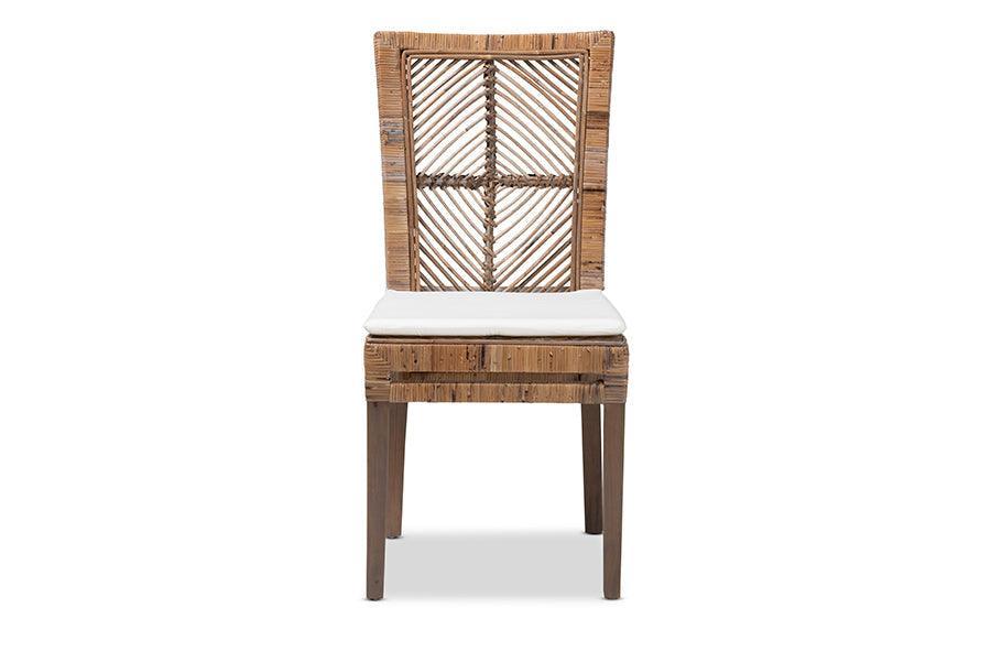Laluna Modern Bohemian Grey Natural Rattan and Mahogany Dining Chair with Cushion FredCo