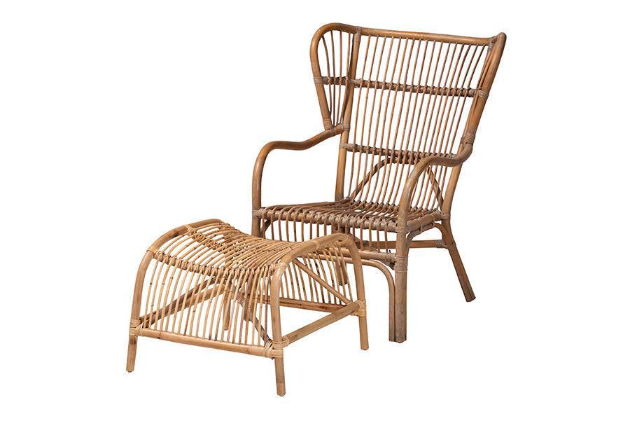 Lamaria Modern Bohmenian Natural Brown Antique Rattan 2-Piece Chair and Footstool Set FredCo