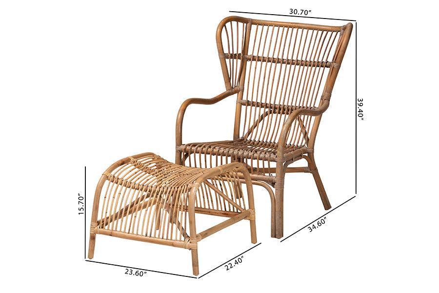 Lamaria Modern Bohmenian Natural Brown Antique Rattan 2-Piece Chair and Footstool Set FredCo