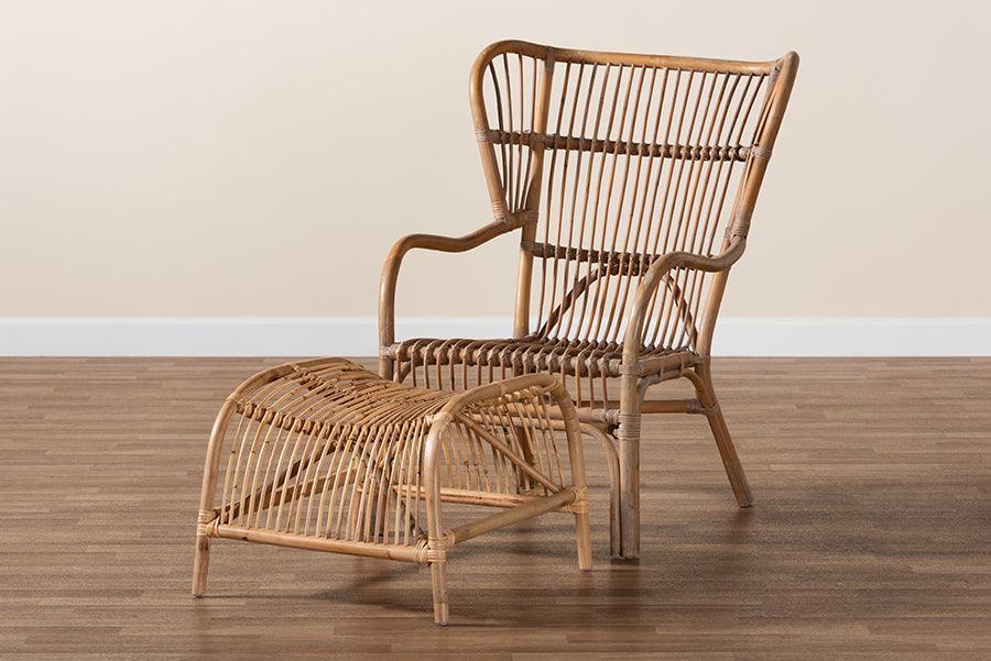 Lamaria Modern Bohmenian Natural Brown Antique Rattan 2-Piece Chair and Footstool Set FredCo