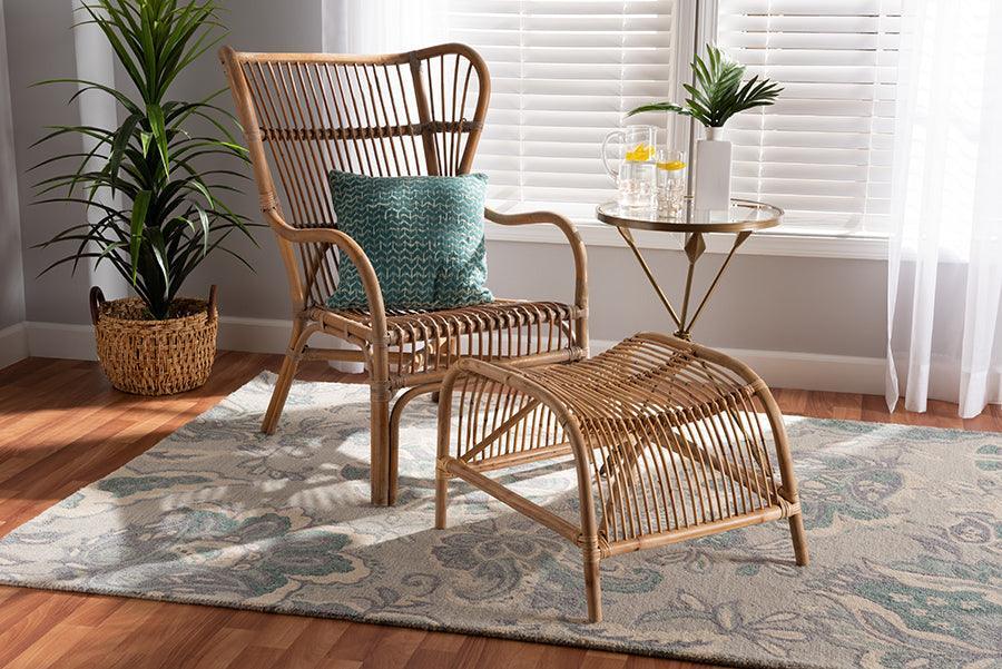 Lamaria Modern Bohmenian Natural Brown Antique Rattan 2-Piece Chair and Footstool Set FredCo