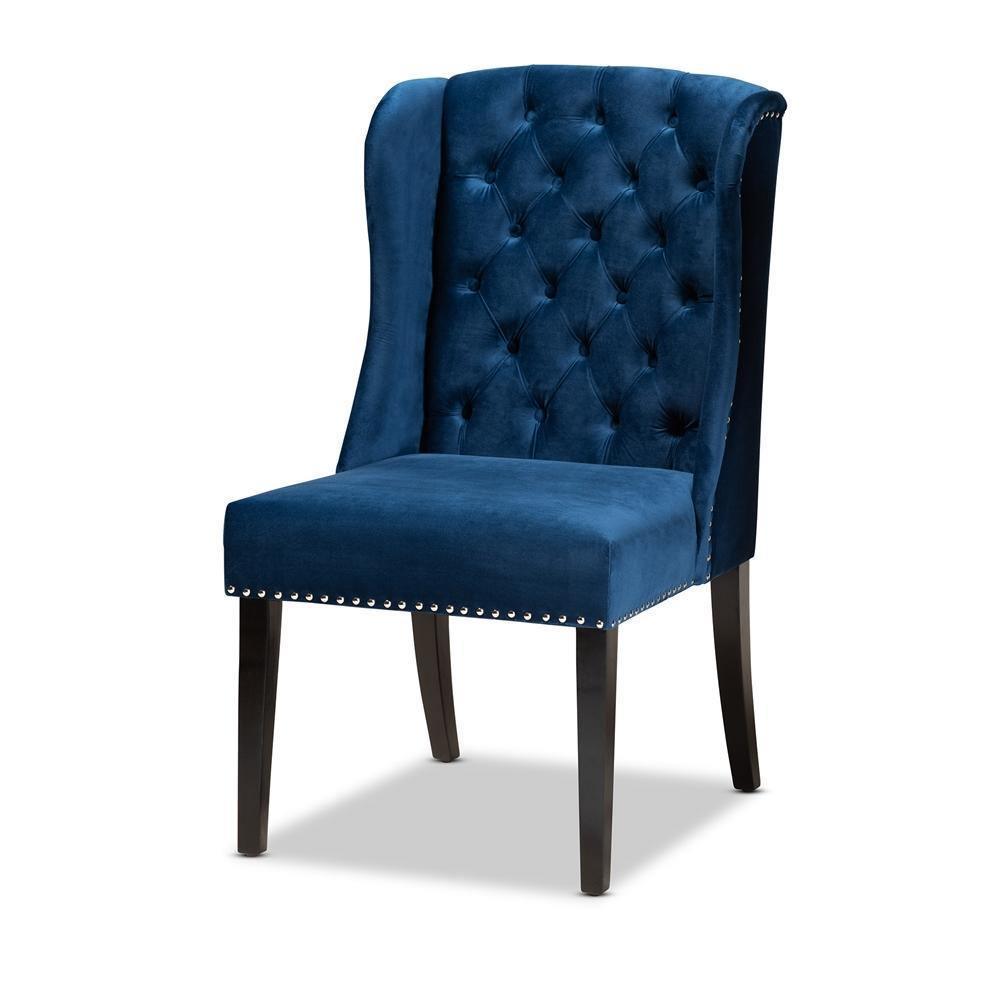 Lamont Modern Contemporary Transitional Navy Blue Velvet Fabric Upholstered and Dark Brown Finished Wood Wingback Dining Chair FredCo