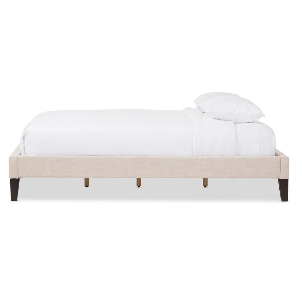 Lancashire Modern and Contemporary Beige Linen Fabric Upholstered Queen Size Bed Frame with Tapered Legs FredCo
