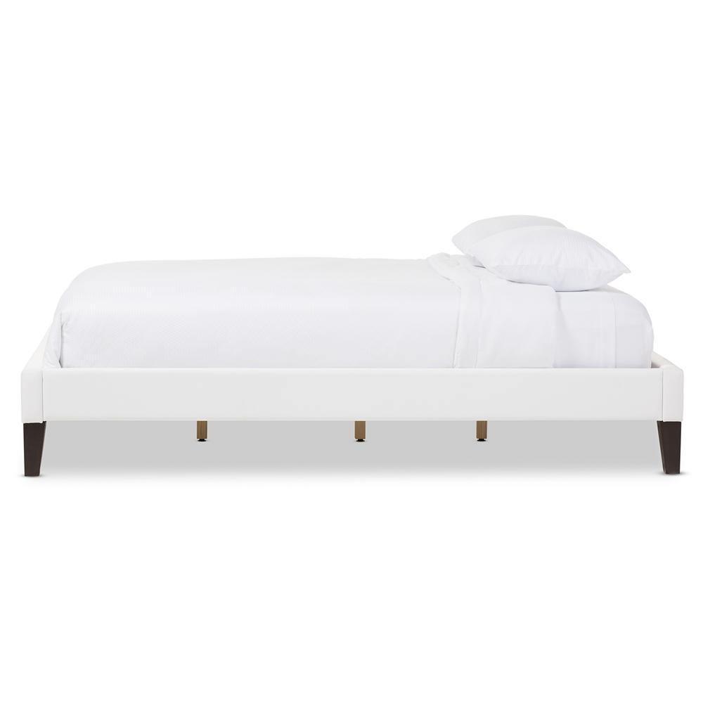 Lancashire Modern and Contemporary White Faux Leather Upholstered Queen Size Bed Frame with Tapered Legs FredCo