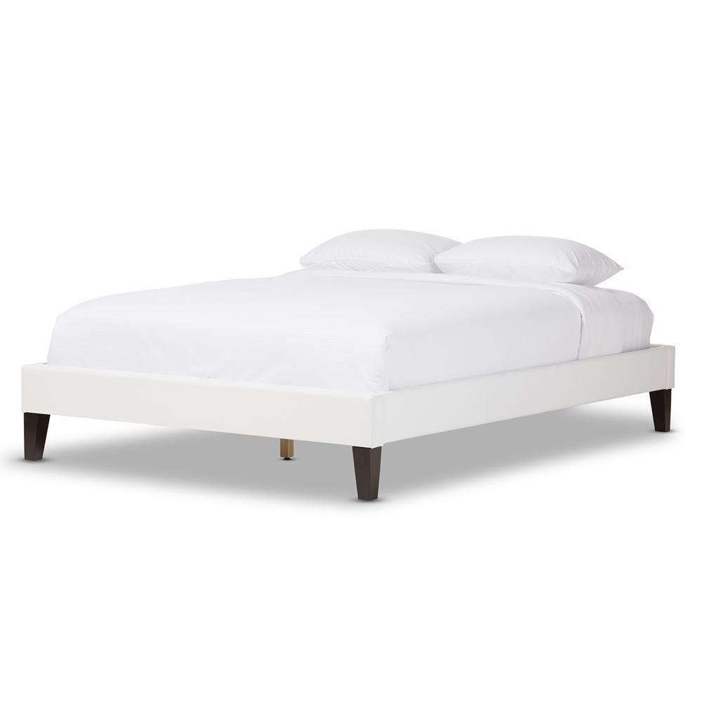Lancashire Modern and Contemporary White Faux Leather Upholstered Queen Size Bed Frame with Tapered Legs FredCo