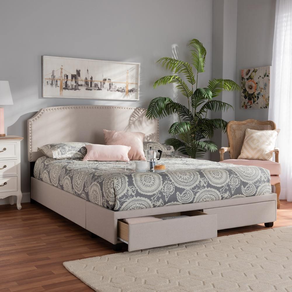Larese Beige Fabric Upholstered 2-Drawer King Size Platform Storage Bed FredCo