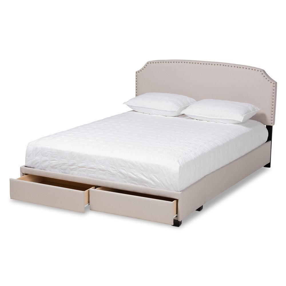 Larese Beige Fabric Upholstered 2-Drawer Queen Size Platform Storage Bed FredCo